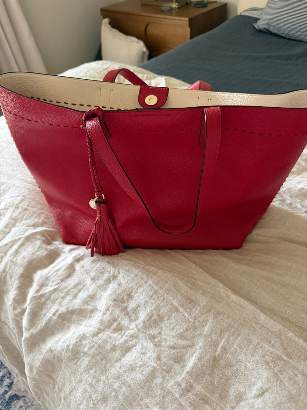 Cole Haan Women's Red Leather Tassel Tote Bag with Cream Trim